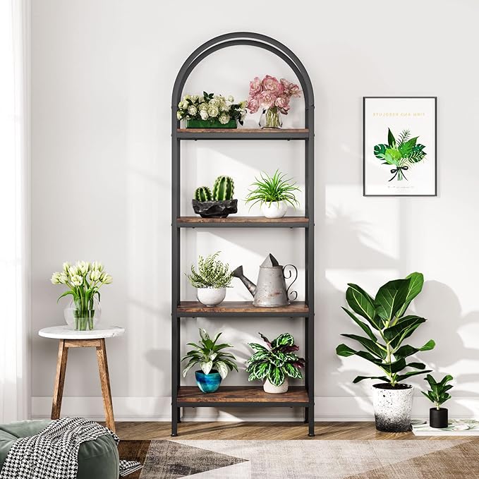 Tribesigns 4-Tier Open Bookshelf, 70.8" Industrial Arched Bookcase Storage Shelves with Metal Frame, Freestanding Display Rack Tall Shelving Unit for Office, Bedroom (Rustic Brown, 1PC)