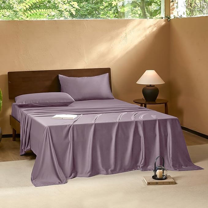 EVERLY California King Sheets Set,Luxuriously 400 Thread Count Organic Viscose Derived from Bamboo Bed Sheet,Cooling Sheets for California King Size 4 Piece Deep Pockets Bedding Sheets-Purple