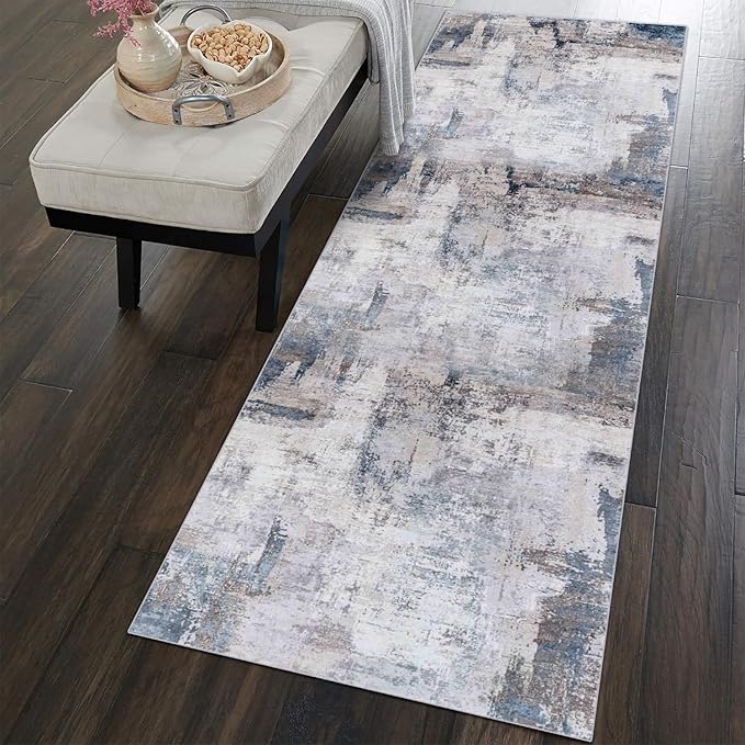 vivorug Runner Rug 2x10 Machine Washable Rug with Non-Slip Backing, Ideal for Kitchen Hallway Entryway Laundry Room - Modern Abstract, Durable, Easy Clean, Low Pile Carpet Runner, Grey/Navy