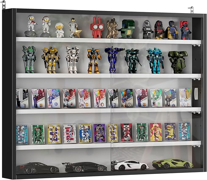 HOMCOM 5-Tier Display Cabinet, Glass Door Cabinet with Adjustable Shelves, Wall-Mounted Display Case for Playroom, Bedroom, Black and White