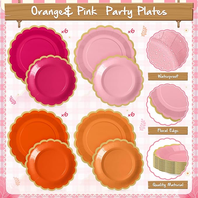 169 Pcs Pink and Orange Plates and Napkins Party Supplies for Guests Hot Pink Orange Tableware Include Scalloped Plates Paper Napkin Cup Spoon Fork Knife for Baby Shower, Wedding, Birthday
