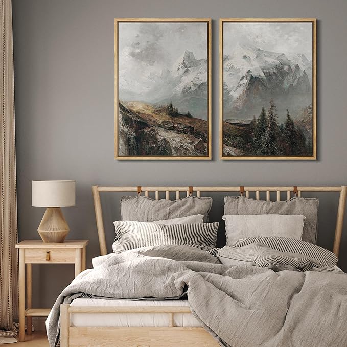 MUDECOR Framed Canvas Print Wall Art Majestic Snow-Capped Mountains Alpine Wilderness Nature Wilderness Illustrations Realism Decorative Scenic for Living Room, Bedroom, Office - 24"x36"x2 Natural