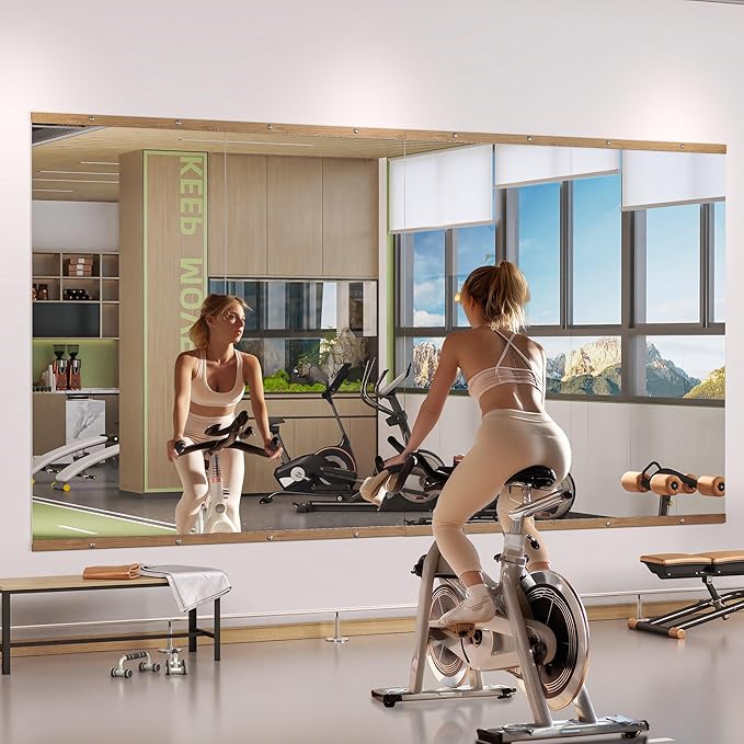 Hasipu 2Pcs 55''x17'' Home Gym Mirror Large Full Length Wall Mounted Full Body Mirror for Yoga Dance Fitness Exercise Studio Bedroom Garage, Frameless Tempered Glass Workout Mirrors Walnut Rectangular