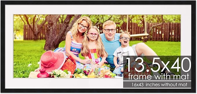 13.5x40 Frame with Mat - Black 16x43 Frame Wood Made to Display Print or Poster Measuring 13.5 x 40 Inches with White Photo Mat