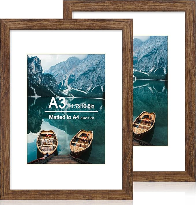 A3 Frame Set of 2, Rustic Brown Wood Style - Display Pictures A4 with Mat or 11.7x16.5 without Mat, Wall Mounting Horizontal and Vertical