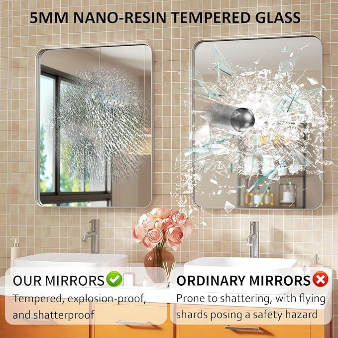 24×32 Silver Bathroom Mirror for Over Sink - Rectangular Bathroom Mirrors with Tempered Glass & Aluminum Frame, for Restroom Vanity, Entryway, Bedroom, Horizontal/Vertical, Rounded Corners