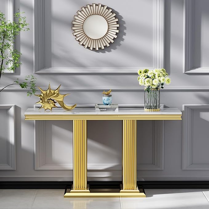 SSLine Modern White Faux Marble Console Table Luxury Entryway Table with Gold Pedestal Base 46.8" Mid-Century Elegant Sofa Table w/Mirrored Stainless Steel Frame for Living Room Hallway