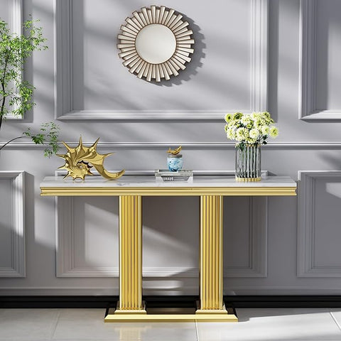 SSLine Modern White Faux Marble Console Table Luxury Entryway Table with Gold Pedestal Base 46.8" Mid-Century Elegant Sofa Table w/Mirrored Stainless Steel Frame for Living Room Hallway