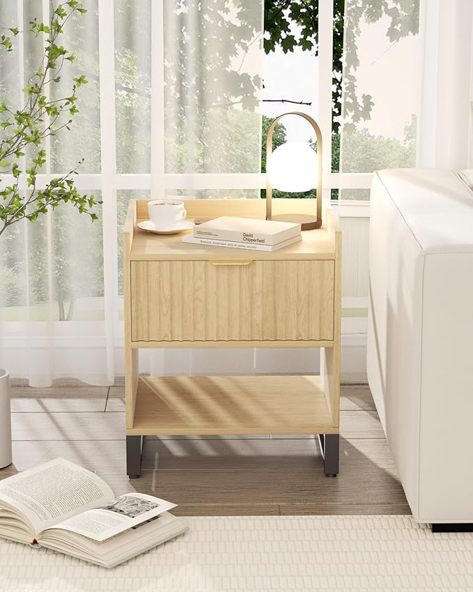 Fluted Night Stand Set 2 with Charging Station, Wood Nightstand with Large Drawer and Open Storage Cabinet, Mid-Century Modern Bedside Table End Table for Bedroom Closet Office