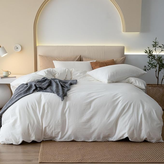 JIYUAN 100% Washed Cotton Duvet Cover Set 3 PCS Super King Plus, 1 Duvet Cover 120x120 Inches(Comforter Not Included) and 2 Pillowcases,Linen Feel Bedding Set Comfy and Breathable,Off White
