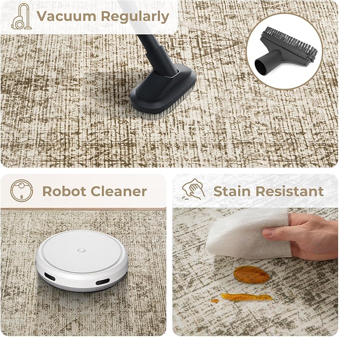 MIULEE 8x10 Vintage Washable Area Rugs Living Room Rug Low Pile Boho Farmhouse Floor Mat for Bedroom Dining Room Under Kitchen Table, Non-Slip Stain Resistant Soft Large Carpet for Home Decor, Brown