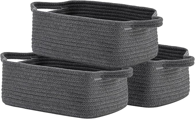 KALLAX Small Woven Basket, 12 x 8 x 4.5 Inches, Small Storage Baskets for Organizing, Gift Baskets Empty, Cute Rope Shelf Closet Storage Bins for Shelves, Dog Toy Basket, 3 Packs, Dark Grey