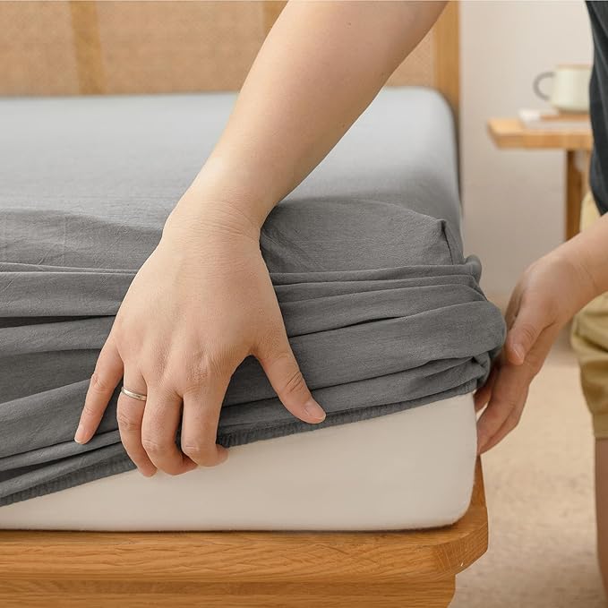 BESTOUCH Sheet Set 100% Washed Cotton Linen Feel Super Soft Comfortable Chic Lightweight 4 Pcs Home Bedding Set Solid Dark Grey Queen