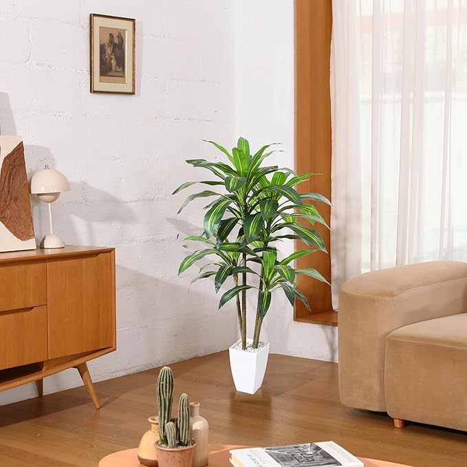 Artificial Plants,4FT Dracaena Tree Faux Plants with White Taper Planter,Tall Fake Plant for Indoor,Fake Tree for Home Decor Office Living Room Porch