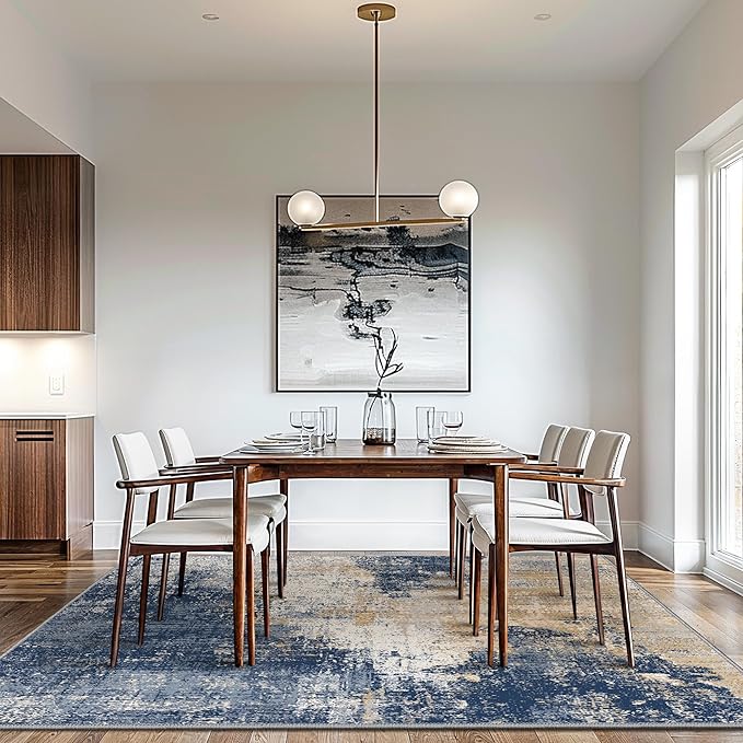 GENIMO Washable Area Rugs for Living Room Bedroom, 8x10 Modern Abstract Non Slip Rug, Low Pile Soft Contemporary Indoor Floor Carpet Cover for Dining Room Kitchen, Navy Blue