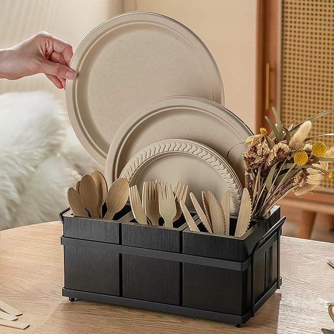 PTSTING Silverware Caddy Black Wood Silverware Holder Paper Plate Dispenser Utensil Caddy Cutlery Flatware Organizer Box for Spoons Forks Plates Napkins