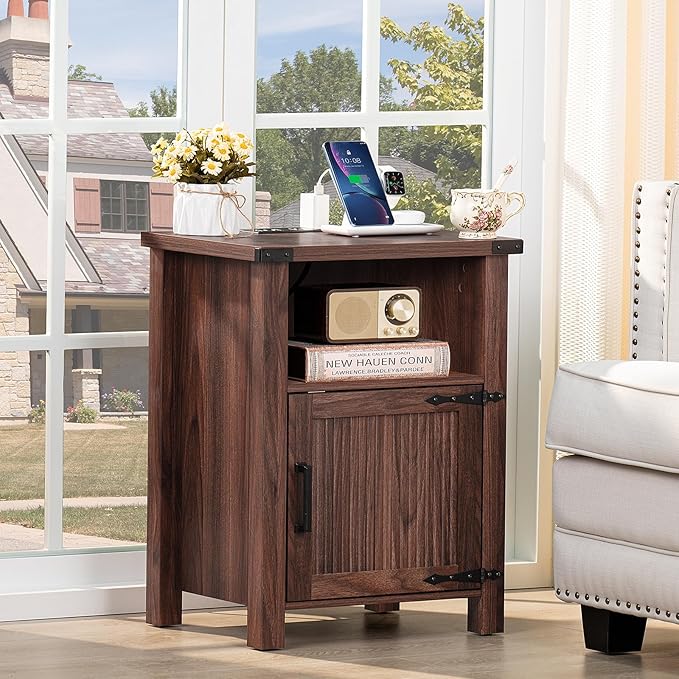 Night Stand Set of 2, 18 Inch Farmhouse Nightstand with with Charging Station and USB Port, Rustic Wood Bedside Table with Magnetic Door, Bed Side Tables for Bedroom, Brown Walnut