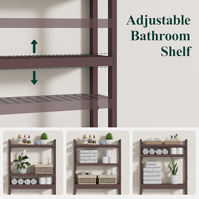 Smiry Over The Toilet Storage Cabinet, 3-Tier Bamboo Bathroom Organizers with Adjustable Shelf & 4 Hooks, Space Saving Shelf Rack for Bathrooms, Laundry Room, Balcony, Brown