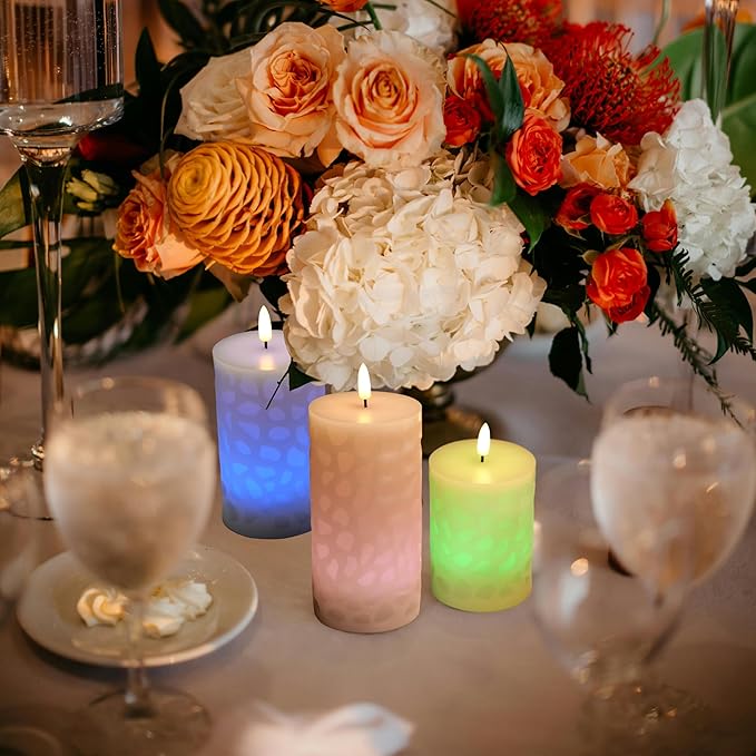 NICEME 3PCS LED Multi Colored Flameless Candles Pillar Battery Operated Flickering 3D Wick Flame Color Changing Candles with Remote Control Carving Real Wax Electric Fake Candles, D3” x H4” 5" 6"