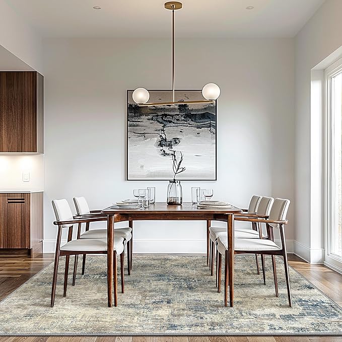 GENIMO Washable Area Rugs for Living Room Bedroom, 8x10 Modern Abstract Non Slip Rug, Low Pile Soft Contemporary Indoor Floor Carpet Cover for Dining Room Kitchen, Light Gray Blue