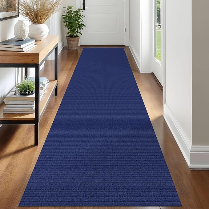 IOHOUZE Washable Runner Rug 2.6x12 Non Slip Extra Long Hallway Runner Entryway Runner Indoor, Kitchen Rugs Woven Cotton Floor Carpet for Hall Entrance Stair, Royal Blue/Navy