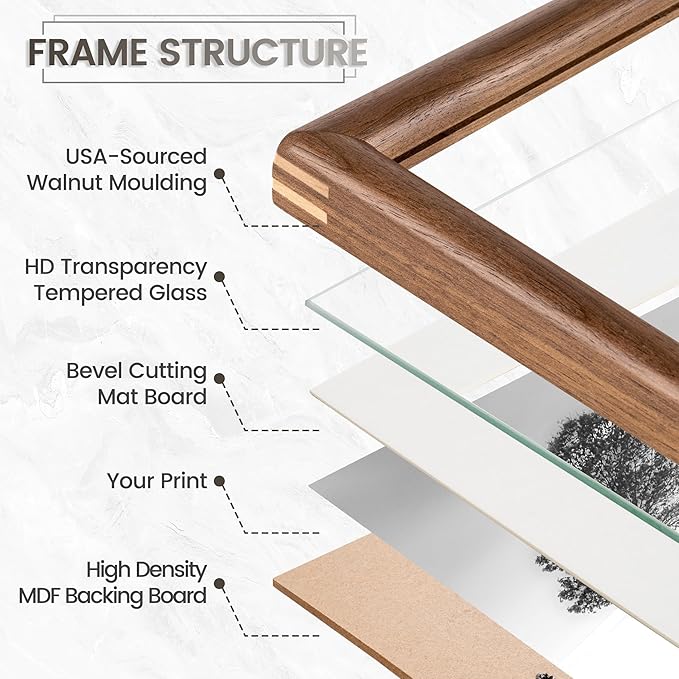 11x14 Picture Frame with 8x10 Mat, USA-Sourced Natural Walnut Wood Photo Collage Frame with HD Tempered Glass, Double Mortise and Tenon Strips, Wall Display Horizontally and Vertically, 3 Pack