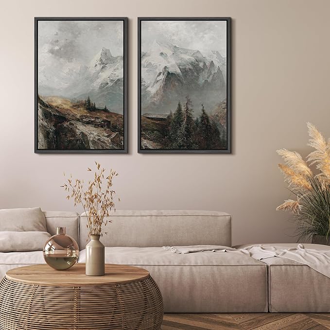 MUDECOR Framed Canvas Print Wall Art Majestic Snow-Capped Mountains Alpine Wilderness Nature Wilderness Illustrations Realism Decorative Scenic for Living Room, Bedroom, Office - 16"x24"x2 Black