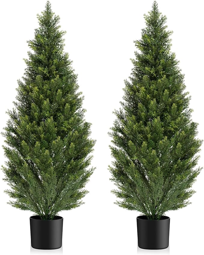 Two 4FT Artificial Topiary Cedar Trees Tall, Outdoors UV Protection Fake Cypress Tree, Realistic 48IN Pine Potted Plants for Patio, Home Porch, Doorway Decor