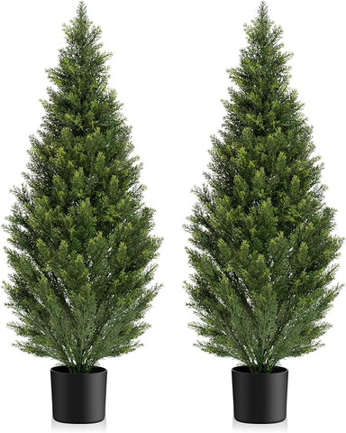 Two 4FT Artificial Topiary Cedar Trees Tall, Outdoors UV Protection Fake Cypress Tree, Realistic 48IN Pine Potted Plants for Patio, Home Porch, Doorway Decor