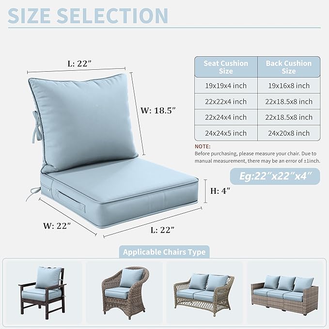 Premium Outdoor Seat Cushion Chair Cushions for Patio Furniture 22 L X 22 W X 4 H Waterproof & Fade Resistant Deep Seat and Backrest Cushion Set with Removable Covers for Chair, Sofa