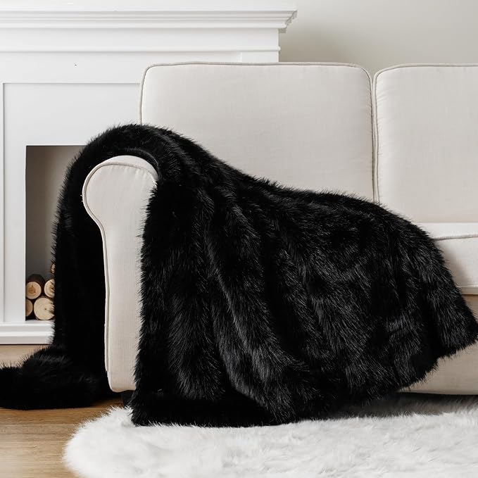 BATTILO HOME Luxury Black Faux Fur Throw Blanket, Large Cozy Warm Fluffy Fur Blanket for Bed,Couch, Sofa, Chair, Black Fur Throws with Long Pile, 60"x80"
