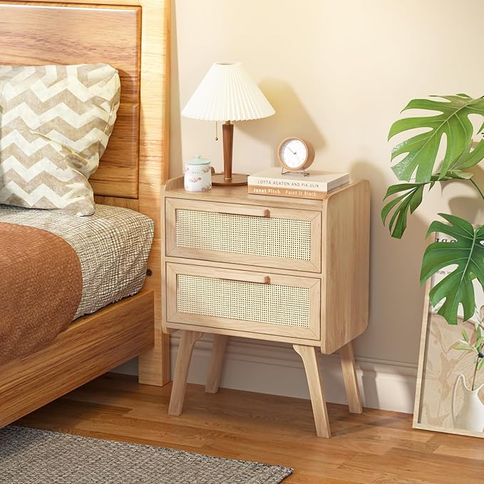 Lerliuo Rattan Nightstand, Boho Night Stand with 2 Drawers, Cane Accent Side End Table, Bedside Table with Solid Wood Legs for Bedroom, Dorm and Small Spaces (Natural)