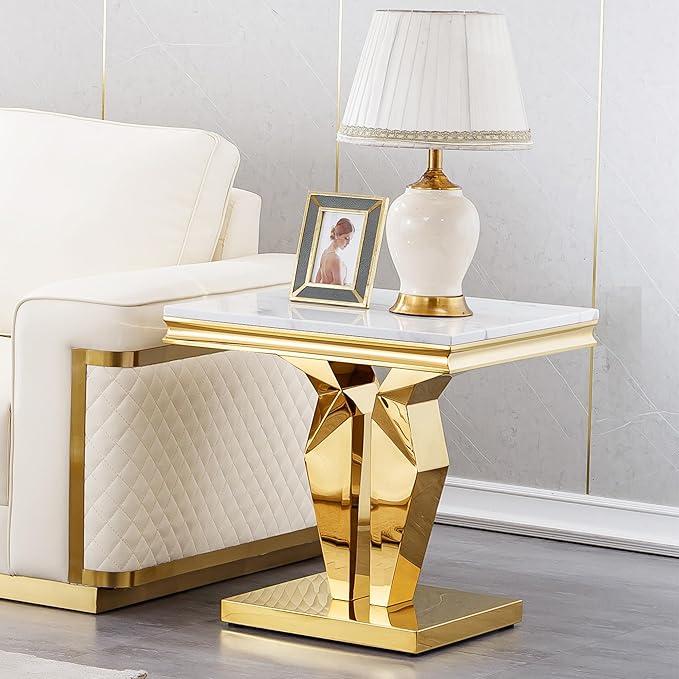 SSLine Modern White Faux Marble End Table Luxury Square Sofa Side Table with Gold Pedestal Base Mid-Century Elegant Bedside Table w/Mirrored Stainless Steel Frame for Living Room Bedroom