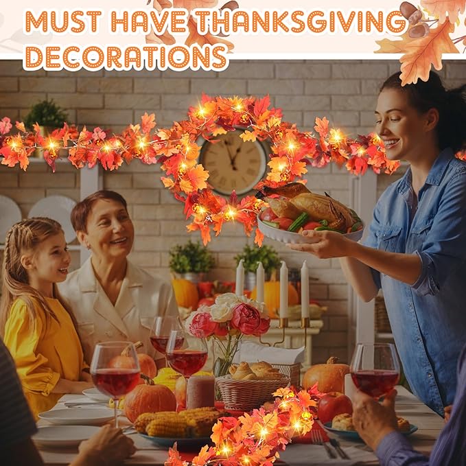 VIHOSE 2 Pack Thanksgiving Maple Leaves Garland Fall Decor 11.5 ft 40 LED with Pumpkin Lights Battery Operated and Timer Remote for Home Thanksgiving Halloween Decor(Reddish Brown)