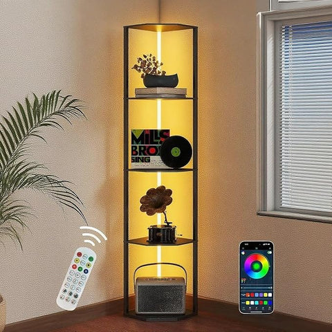 Smart Corner Shelf with Light 5-Tier Display Shelf & Floor Lamp w/ APP & Remote Control RGB LED Display Curio Case for Collectibles Dimmable Space-Saving Corner Shelves for Living Room Bedroom Decor