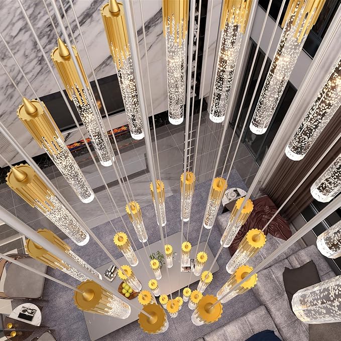 Flashing God 12.5feet Long Staircase Chandelier Gold Bubble Crystal Bolumn Chandeliers Large Foyer Entrance Chandeliers for High Ceiling Big Crystal Chandelier LED Dimmable 2700K-6000K