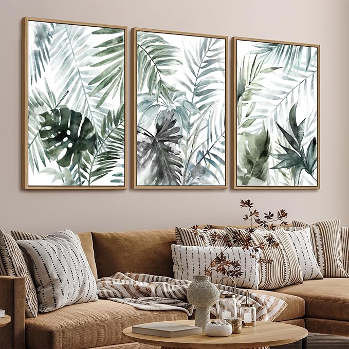 Large Framed Canvas Wall Art - Natural Float Framed Tropic Leaf Pictures Wall Art Prints for Living Room Decor Green Plants Artwork for Bedroom Kitchen Home Office Decoration 72" X 36" Set of 3