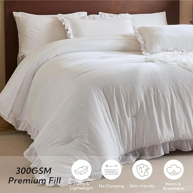 MR&HM White Ruffle Comforter Set, Twin Comforter Sets for College Dorm,Boho Bed in a Bag Set 5 Pieces with 1 Comforter,1 Flat Sheet, 1 Fitted Sheet,1 Pillowcases & 1 Pillow Shams for All Seasons