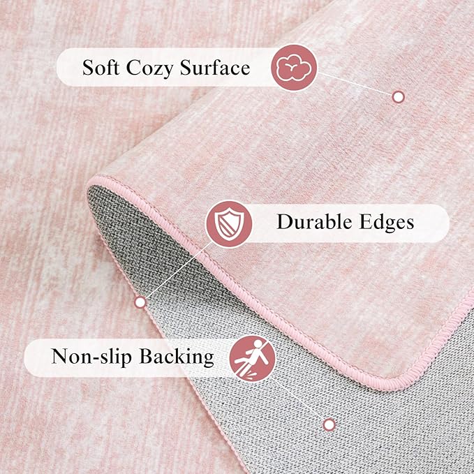 Washable Rug 8x10 Area Rugs for Living Room - Stain Resistant Non-Slip Backing Boho Rug for Bedroom,Durable & Ultra-Thin Vintage Large Area Rug(8x10,Pink)