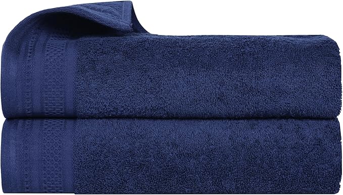 Superior Honeycomb Cotton Medium Weight Towels, for Bathroom, Shower, Spa, Pool, Quick Dry, Adults, Home Essentials, Textured Waffle Border, Oversized Large Towels, Bath Sheets, Set of 2, Navy Peony