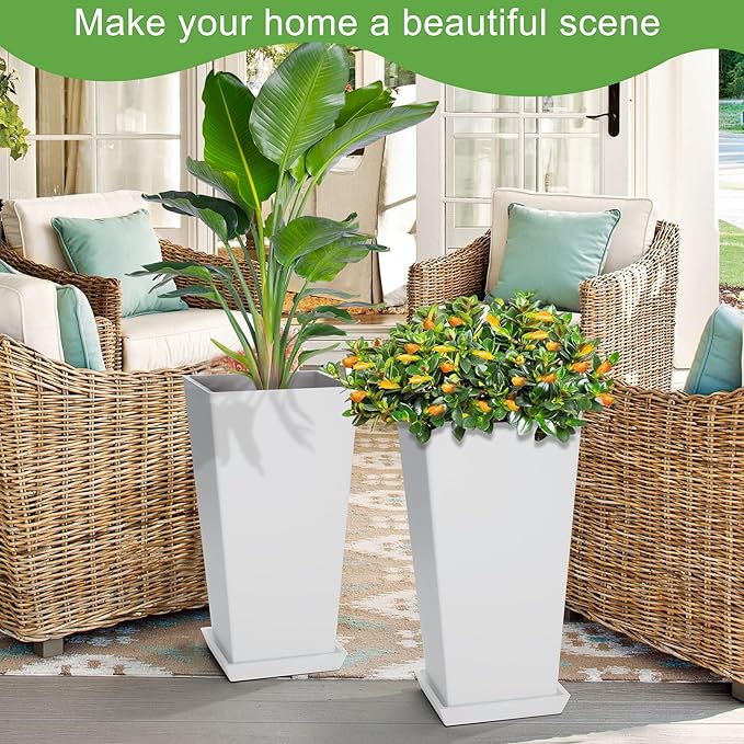 Elevens Set of 2 Tall Outdoor Planters 20 Inch, Large Planters for Indoor Outdoor Plants, Tapered Square Flower Pots with Tray for Patio, White