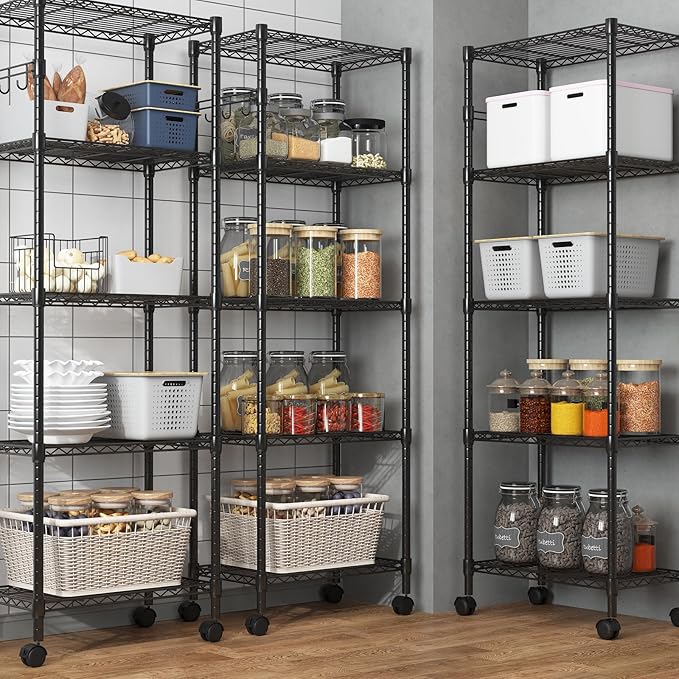 Homdox 5 Tier Wire Shelving Unit on Wheels, Adjustable Storage Racks and Shelving, Heavy Duty Rolling Metal Shelves with Side Hooks for Laundry Bathroom Kitchen Garage Pantry Organization, Black
