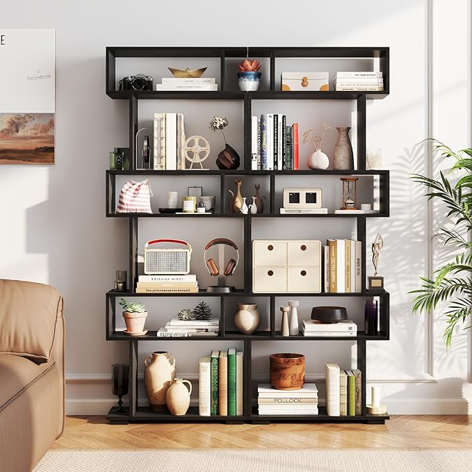 Tangkula 6-Tier S-Shaped Bookshelf, 64" Freestanding Geometric Bookcase, Home Office Wood Storage Shelf with Anti-Toppling Device, Room Divider Display Rack for Study, Living Room (1, Black)