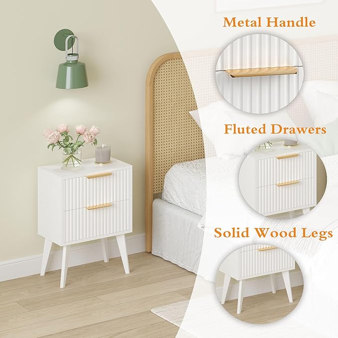 Fluted Nightstand with 2 Drawers,Modern Bedside Table with Metal Handles,White Side Table with Solid Wood Legs,Mid Century End Table for Living Room,Bedroom,White CTG55W