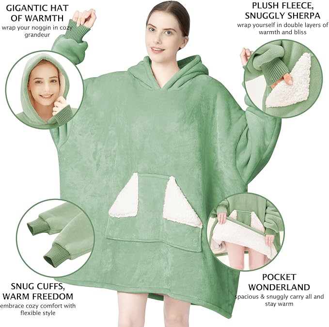Touchat Wearable Blanket Hoodie, Oversized Sherpa Blanket Sweatshirt with Hood Pocket and Sleeves, Gifts Hooded Blanket for Adult Women Men (Light Green)