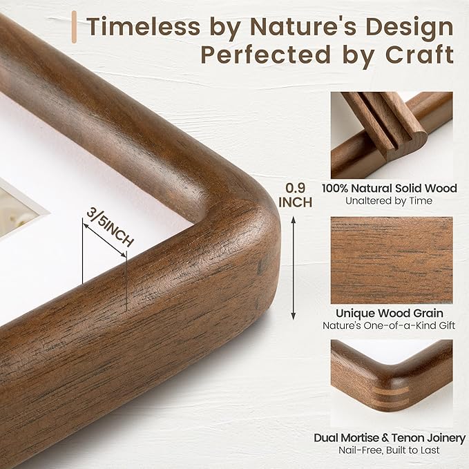 11x14 Picture Frame, Solid Walnut Wood Frame with Real Glass, Hard Wood 11 by 14 Photo Frame for Wall & Tabletop Display, 11x14 Picture Frame Matted to 8x10, Natural Walnut Color
