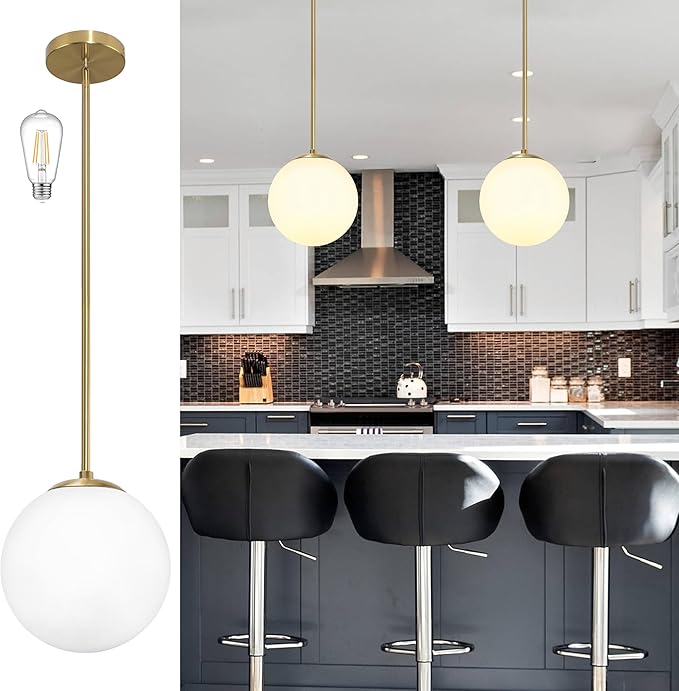10 Inch Globe Pendant Light Gold Mid Century Pendant Light Contemporary Globe Pendant Lights Adjustable Hanging Light Fixture Milk Glass with Brass Finish for Dining Room Kitchen Island