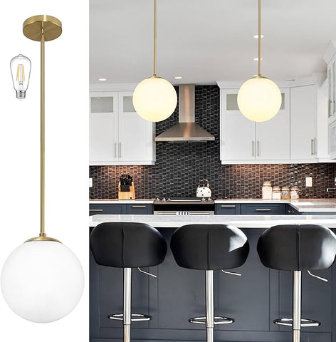10 Inch Globe Pendant Light Gold Mid Century Pendant Light Contemporary Globe Pendant Lights Adjustable Hanging Light Fixture Milk Glass with Brass Finish for Dining Room Kitchen Island