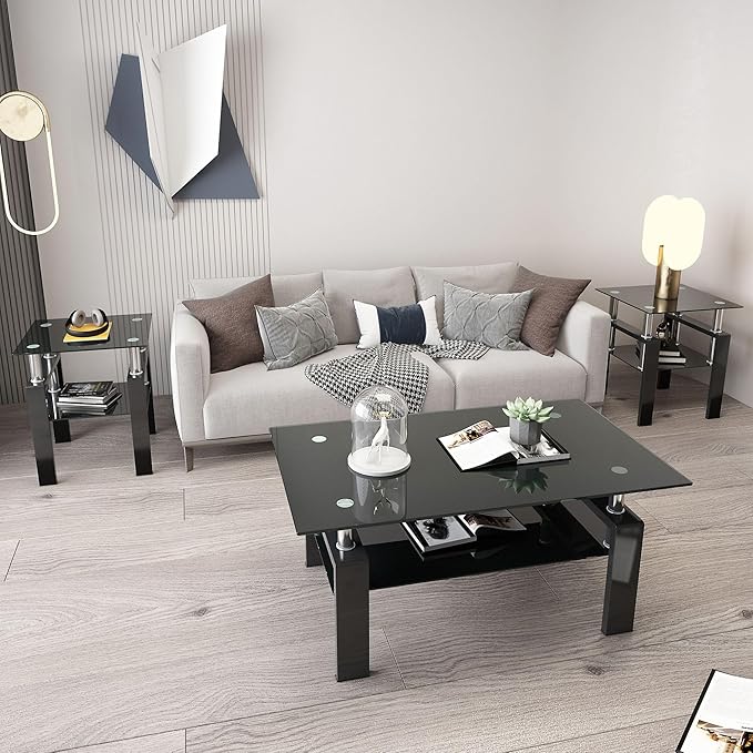 IANIYA 3 Piece Living Room Table Set, Modern Tempered Glass Coffee Table Set, Glass Coffee Table Black Metal Frame End Table for Living Room Apartment Small Space