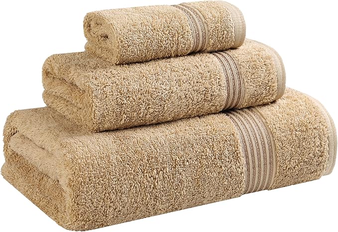 Superior Egyptian Cotton 3-Piece Towel Set, Basic Towels For Bathroom, Home Decor, Guest Bath, Shower, Apartment, Included 1 Face, 1 Hand, 1 Bath Towel, Washcloth, Quick Dry, Toast